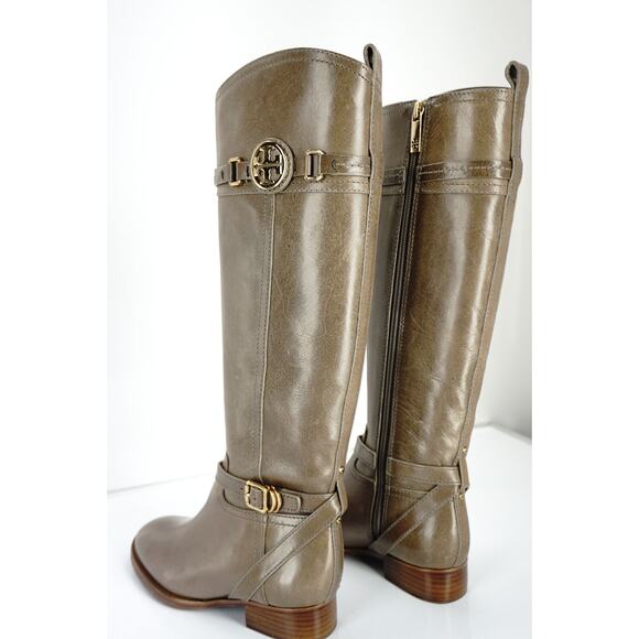 Tory Burch Calista Taupe Leather Logo Belt Knee Riding Boots New - Picture 10 of 10
